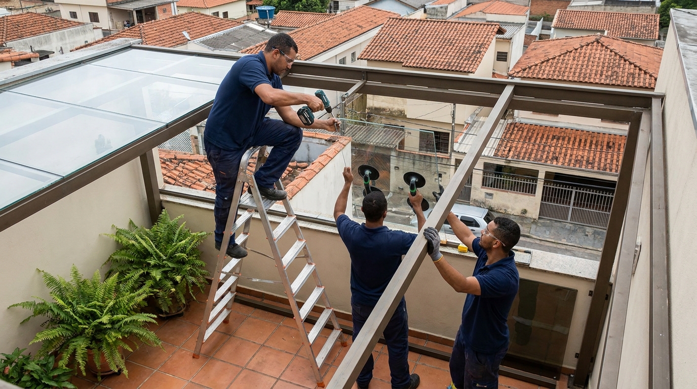 Cobertura de vidro em terraço com telhados em Atibaia-SP