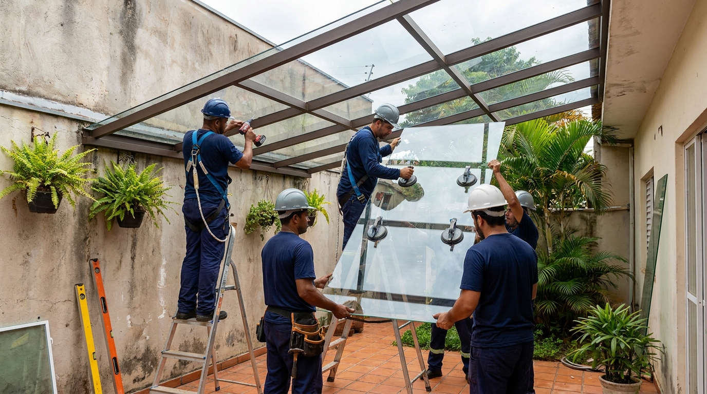 Instalação de cobertura de vidro em Atibaia-SP