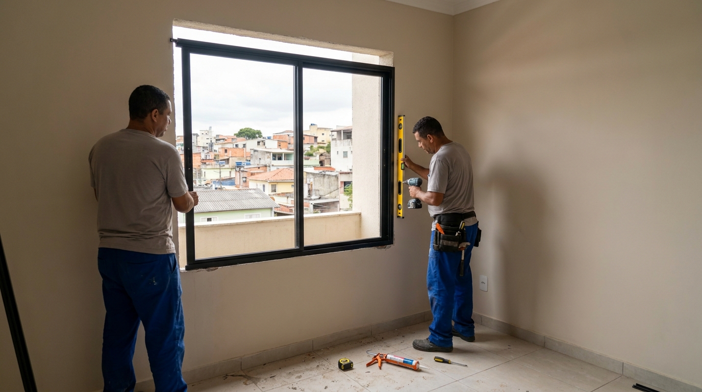 Esquadria de alumínio em quarto bege em Atibaia-SP