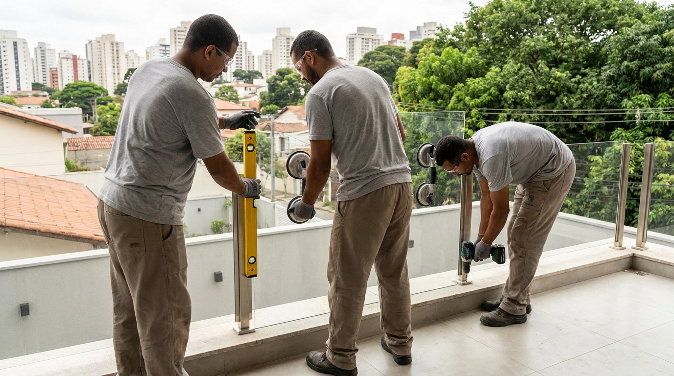 Guarda-corpo em terraço alto com vista cidade em Atibaia-SP
