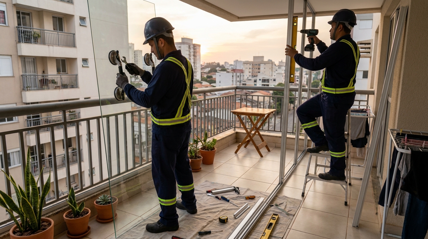Instalação de parede de vidro em sacada em Atibaia-SP