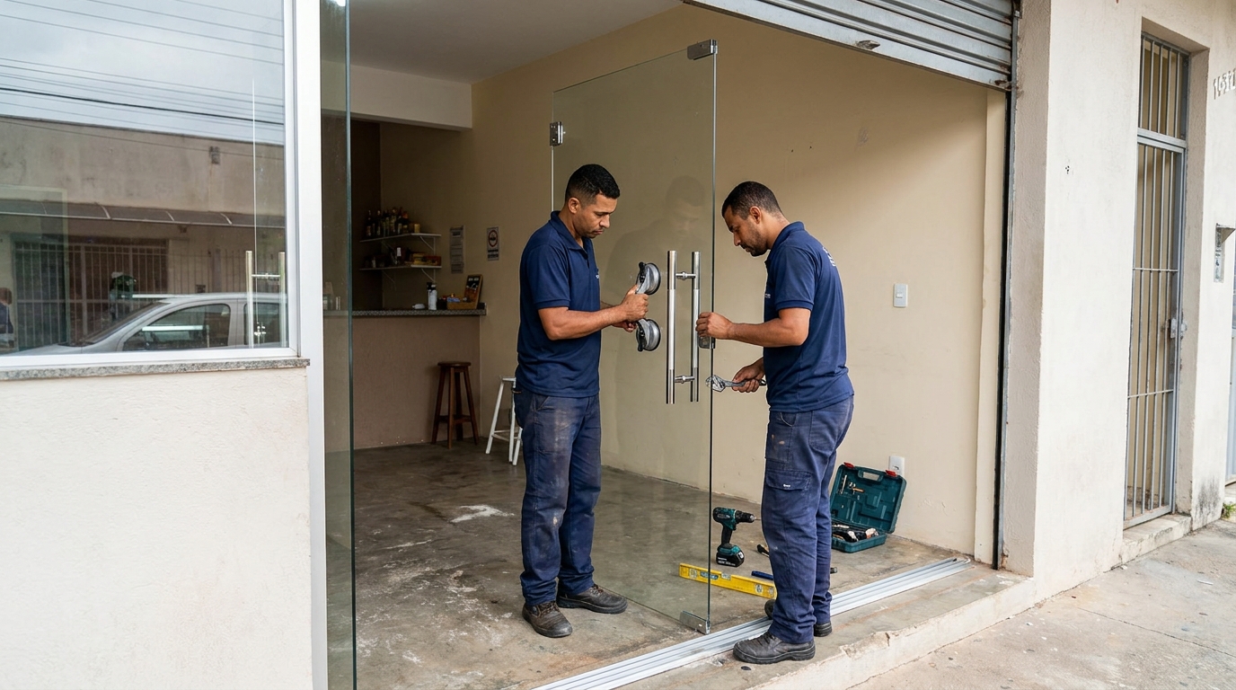 Dupla instalando porta de vidro em loja em Atibaia-SP