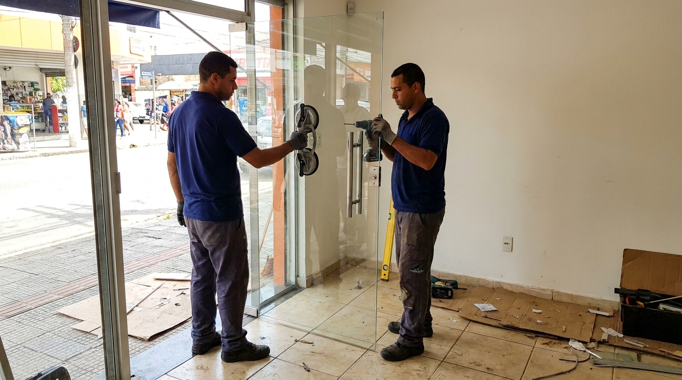 Porta de vidro de loja em rua movimentada em Atibaia-SP